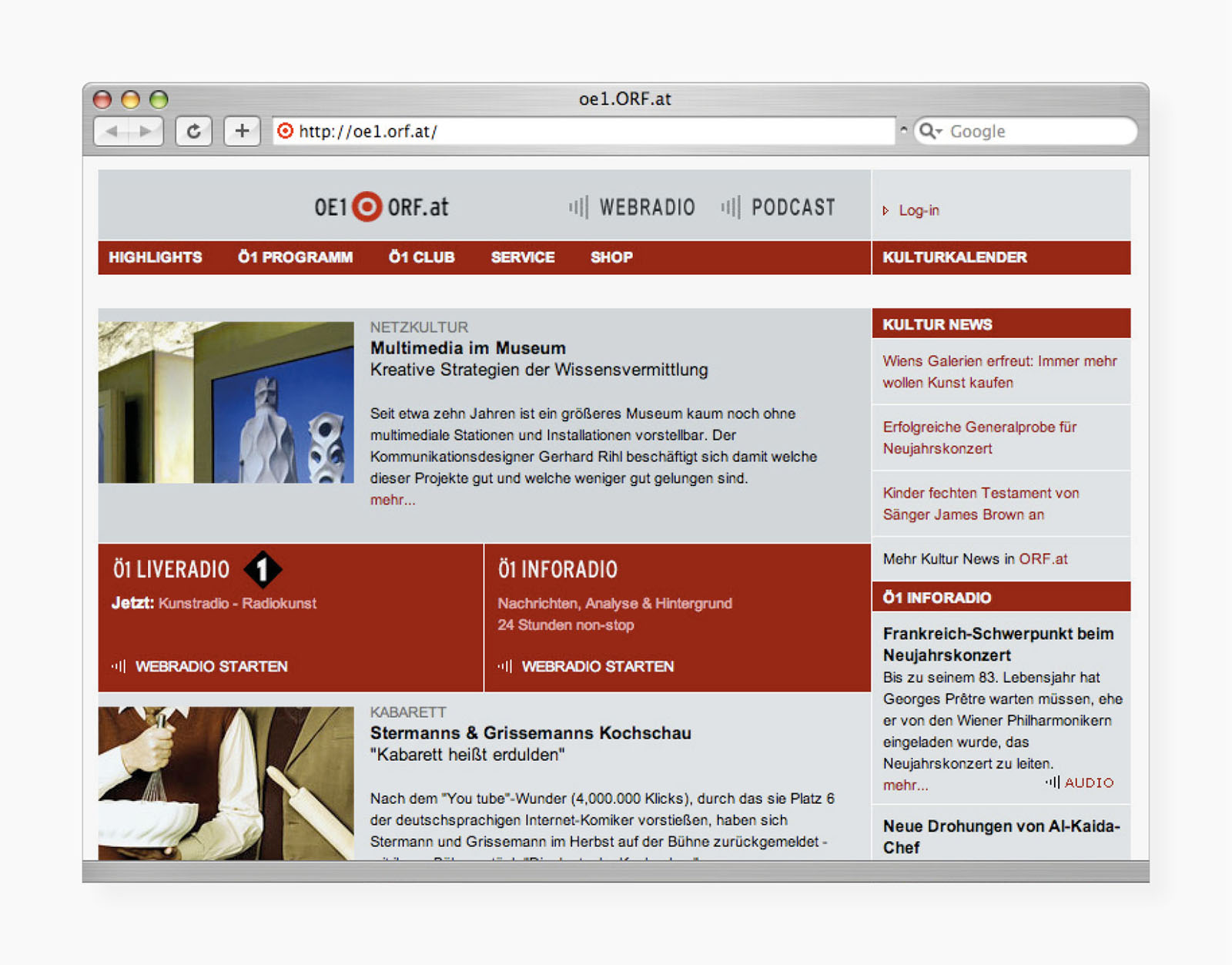 Website des Radiosenders OE1 mit der Ankündigung des Beitrages "Multimedia im Museum" in der Sendung "Matrix – Computer und neue Medien" über das Buch "Science / Culture : Multimedia"