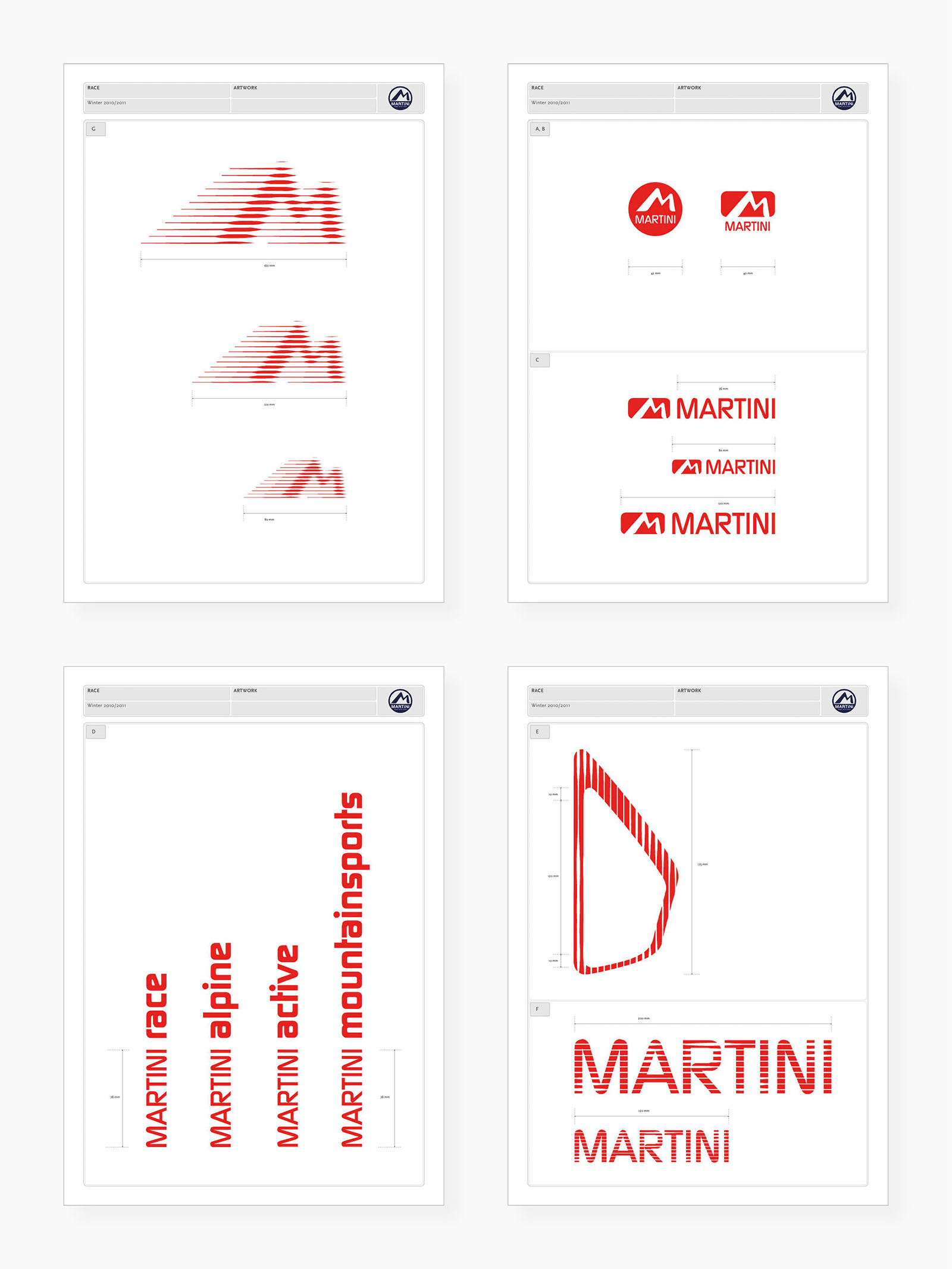 Präsentationsblätter für die Entwürfe von Graphik-Elementen ("Artworks") und Produktlogos, inklusive Maßangaben