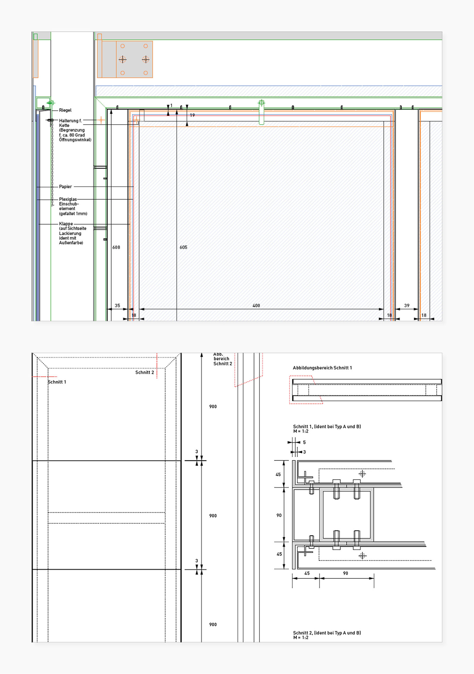 Informations-Elemente im Innenbereich der Halle A – Details (Ausleger-Element "Garderobe", Hänge-Element im Foyer Nord)