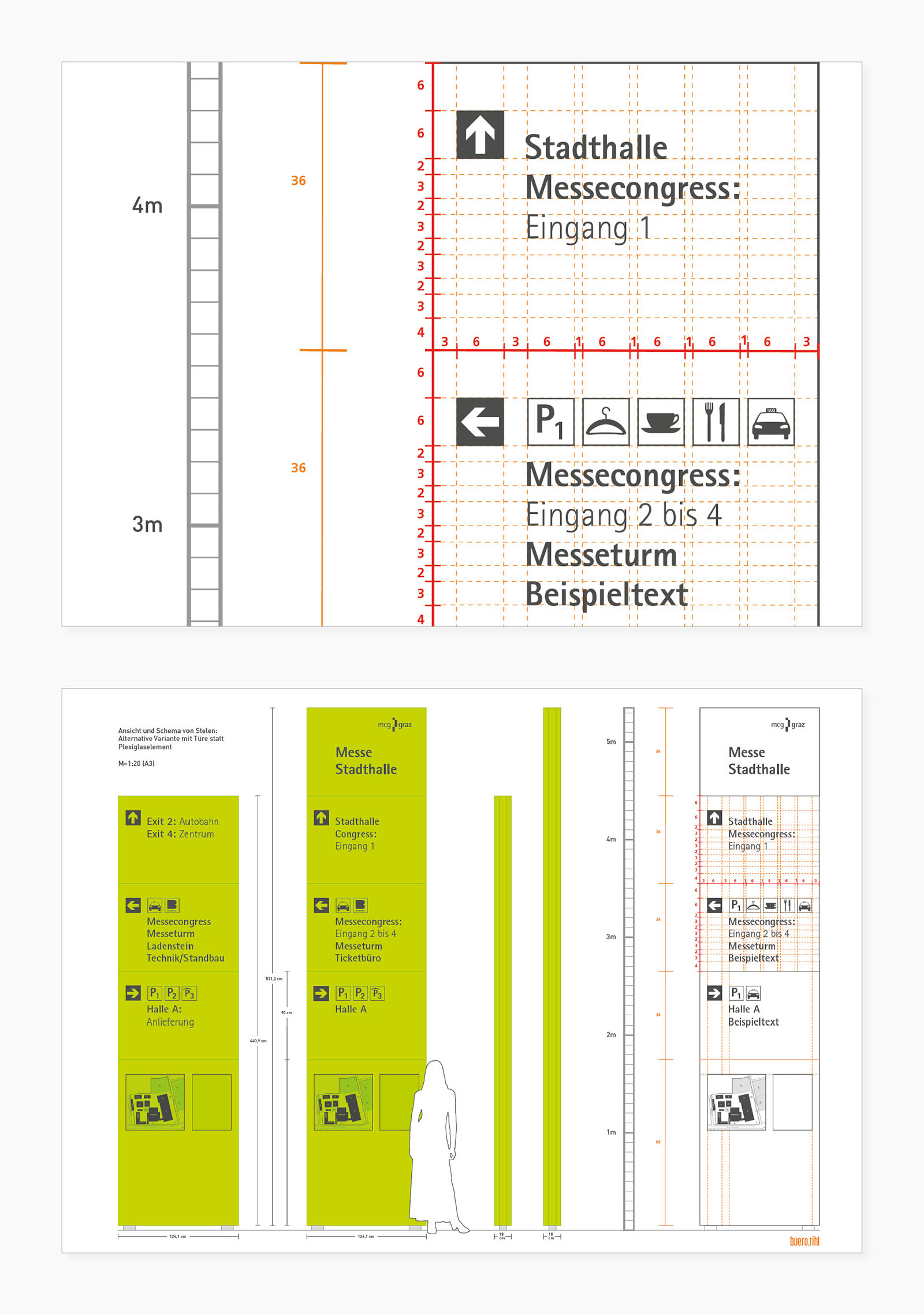 Informations-Elemente im Innenbereich der Halle A – Gesamt-Situationen (Hänge-Element im Foyer Süd, Ausleger-Element "WC" und Raum-Beschilderungen)