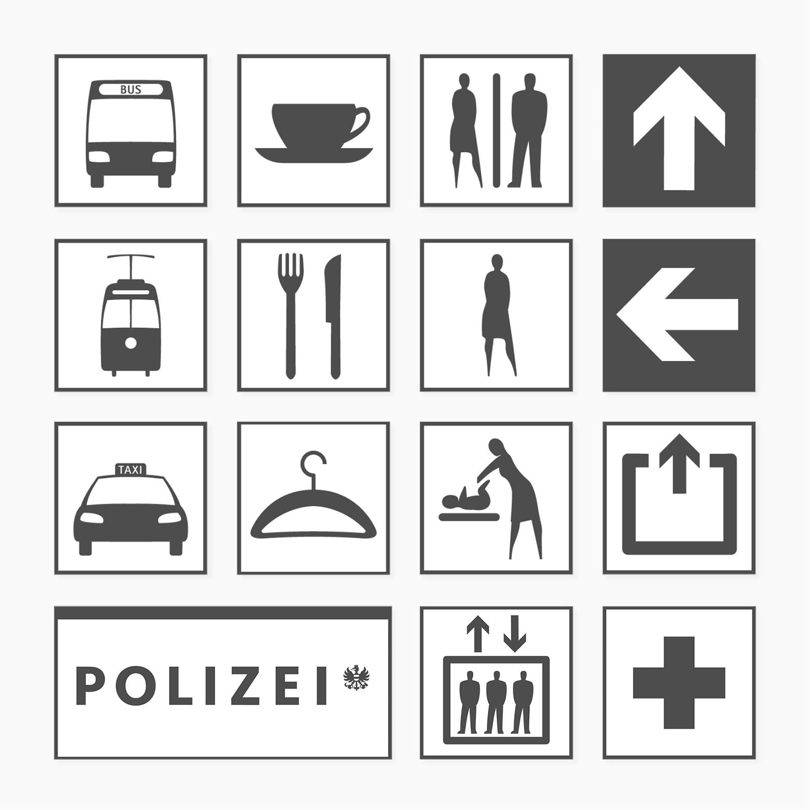 Auswahl an Piktogrammen des Wegeleitsystems (Bus, Café, WC, Richtungs-Zeichen "Geradeaus", Straßenbahn, Restaurant, Damen-WC, Richtungs-Zeichen "Links", Taxi, garderobe, Wickelraum, Ausgang, Polizei, Lift, Erste-Hilfe-Station)